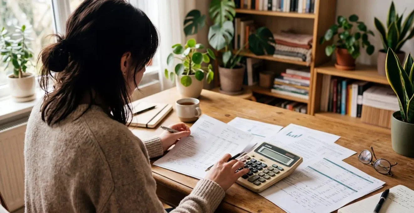Personne vue par-dessus l'épaule consultant des documents financiers avec une calculatrice sur un bureau chaleureux