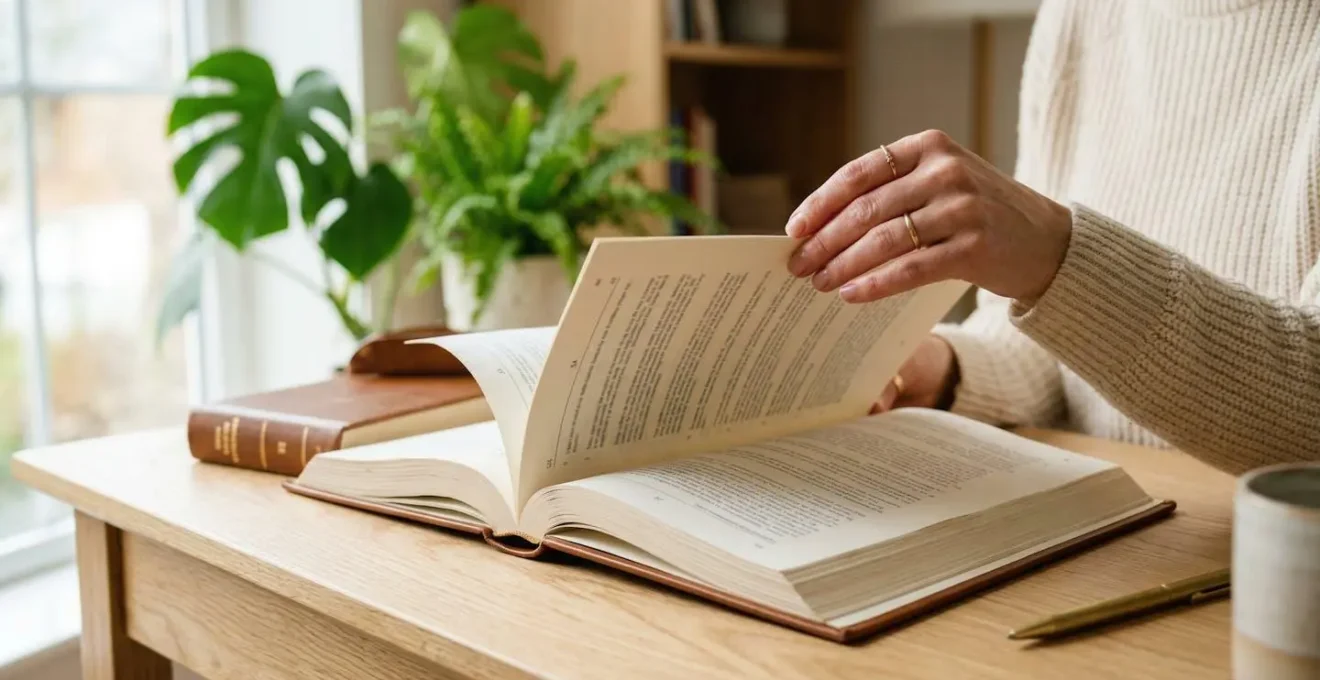 Mains feuilletant un document officiel sur un bureau en bois clair, lumière naturelle latérale