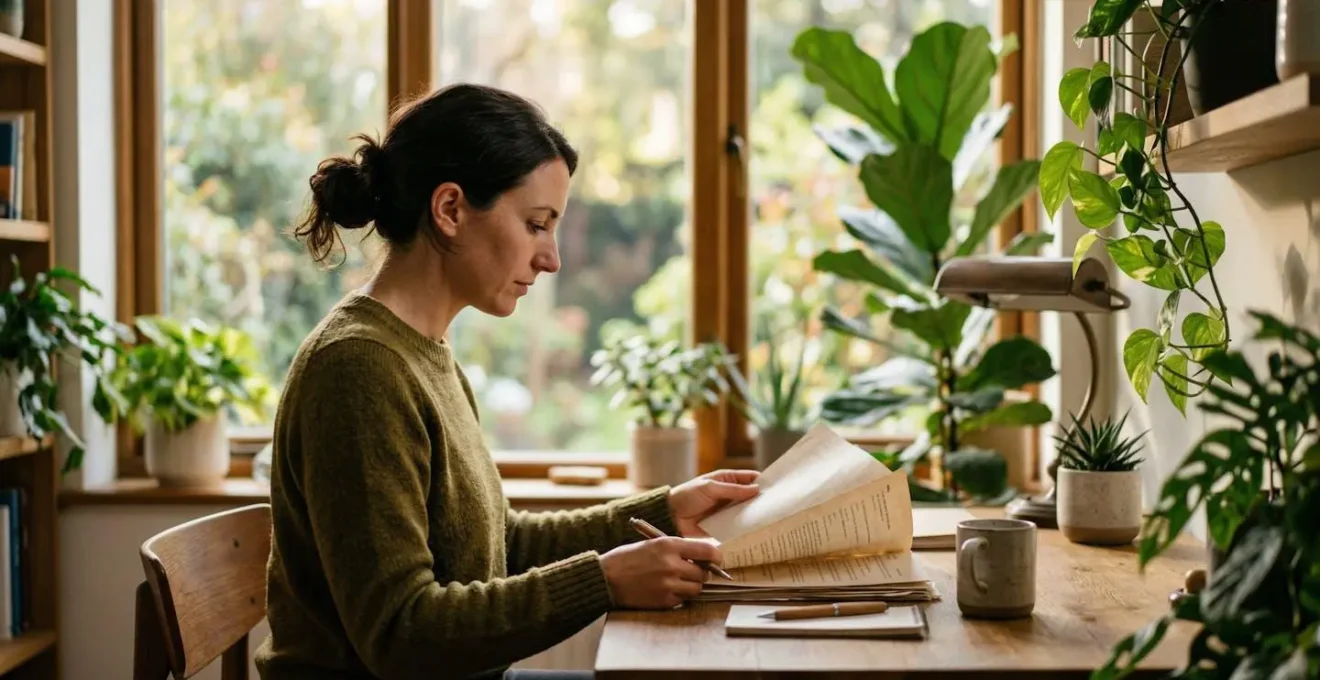 Personne vue de profil consultant des documents sur un bureau moderne avec lumière naturelle