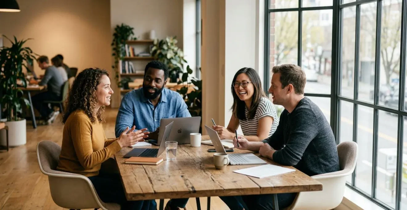 Groupe de salariés discutant autour d'une table de réunion dans un bureau lumineux, vue de trois-quarts