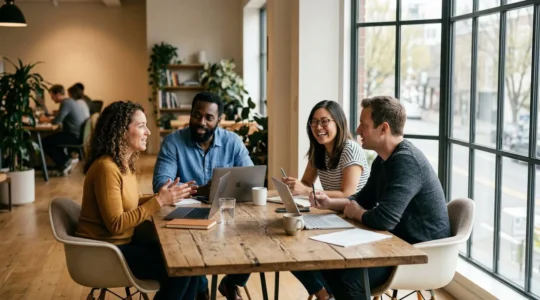 Groupe de salariés discutant autour d'une table de réunion dans un bureau lumineux, vue de trois-quarts
