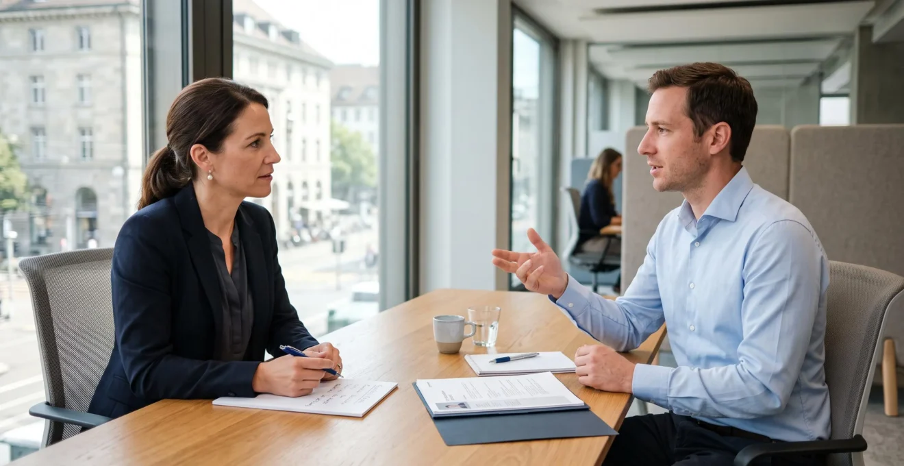 Une consultante en recrutement conduit un entretien d'embauche avec un candidat dans un bureau suisse lumineux.