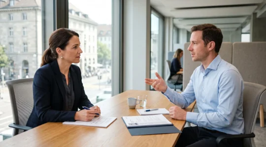 Une consultante en recrutement conduit un entretien d'embauche avec un candidat dans un bureau suisse lumineux.