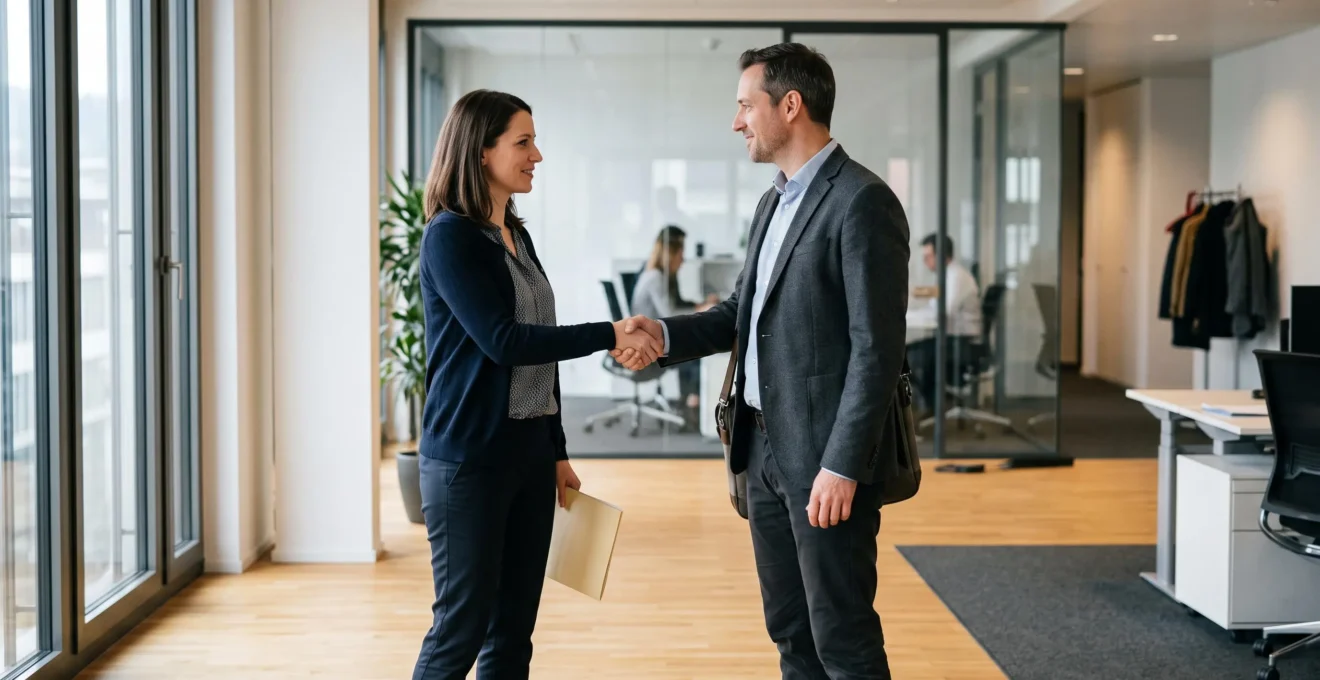 Une consultante en recrutement serre la main d'un nouveau spécialiste recruté dans les locaux d'une entreprise suisse.
