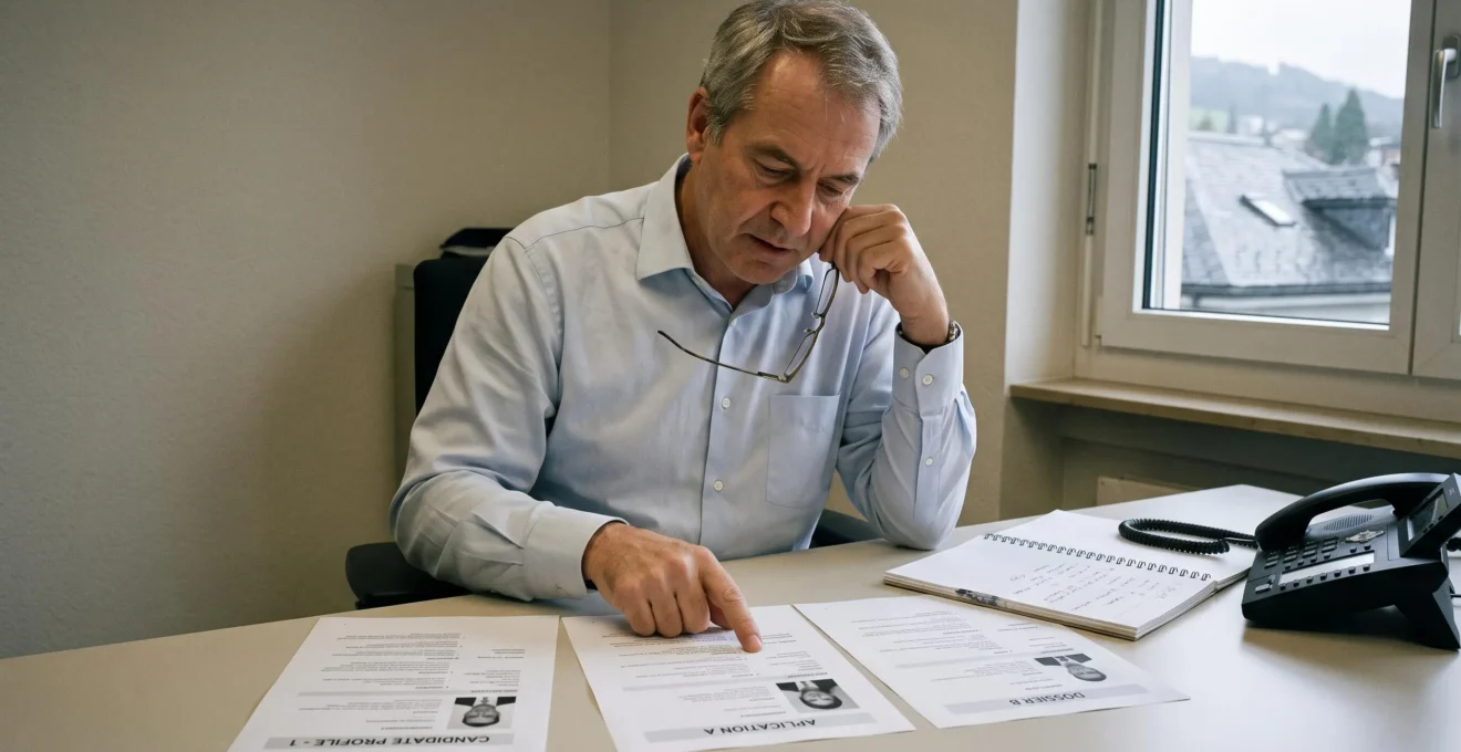 Un directeur des ressources humaines compare des dossiers de candidatures posés sur son bureau.